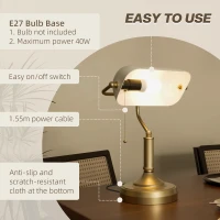HOMCOM Banker's Desk Lamp with Antique Bronze Tone Base, Table Lamp with White Glass Shade for Home Office, White(m-6)