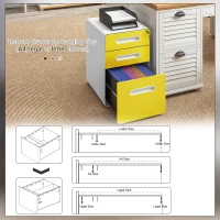 Vinsetto 3 Drawer Filing Cabinet, Steel Lockable File Cabinet with Lock and Wheels, for A4, Letter, Legal Sized Files, Yellow(m-6)