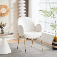 Polsterstuhl, für Esszimmer und Wohnzimmer, Teddy-Bezug, hohe Rückenlehne und abgerundete Armlehnen, vergoldete Metallbeine, Weiß(m-5)