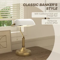 HOMCOM Banker's Desk Lamp with Antique Bronze Tone Base, Table Lamp with White Glass Shade for Home Office, White(m-4)