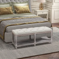 HOMCOM 2-Tier Bed End Bench, Vintage Stool, Wooden Window Seat with Storage Shelf, Button Tufted Upholstered Footstool for Living Room, Bedroom, Entryway, Cream White(m-2)