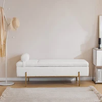 Gepolsterte Sitzbank mit Metallfüßen und Kopfstütze, Sitztruhe aus Teddy-Plüsch, Multifunktional mit Stauraum, 140x52x47 cm, Weiß(m-4)