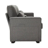 Modernes 3-Sitzer Sofa aus Leinenstoff mit Konsole, 2 Becherhaltern, 2 USB-Anschlüssen, Taschen an den Armlehnen und 4 Kissen, Dunkelgrau(m-11)