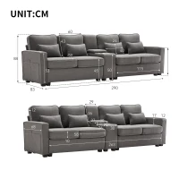 Modernes 3-Sitzer Sofa aus Leinenstoff mit Konsole, 2 Becherhaltern, 2 USB-Anschlüssen, Taschen an den Armlehnen und 4 Kissen, Dunkelgrau(m-3)