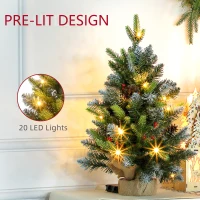 HOMCOM Set of Two 2ft Christmas Trees, with Lights, Berries and Pinecones(m-4)