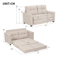 2-Sitzer Schlafsofa 151x75cm mit Seitentaschen, doppellagiger Polsterung, ausklappbar, Modernes Design fürs Zuhause, Beige(m-3)