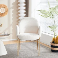 Polsterstuhl, für Esszimmer und Wohnzimmer, Teddy-Bezug, hohe Rückenlehne und abgerundete Armlehnen, vergoldete Metallbeine, Weiß(m-2)