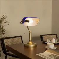HOMCOM Banker's Desk Lamp with Antique Bronze Tone Base, Table Lamp with Blue Glass Shade for Home Office, Blue(m-10)