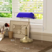 HOMCOM Banker's Desk Lamp with Antique Bronze Tone Base, Table Lamp with Blue Glass Shade for Home Office, Blue(m-3)