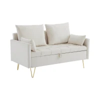 Divano Moderno in Velluto a 2 Posti con Contenitore e Cuscini, Gambe in Metallo Dorato, Ideale per Soggiorno e Ufficio, 135x71x71 cm, Beige(m-2)