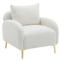 Poltroncina da Salotto in Velluto Teddy Moderna e Semplice con Cuscino, Struttura in Legno Massiccio e Gambe in Metallo Dorato, 75,5x75x81 cm, Bianco(m-12)