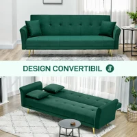 HOMCOM Canapea Extensibilă Clic Clac cu Spătar Reglabil și 2 Perne, din Material cu Efect Catifea, 215x83x87 cm, Verde(m-4)