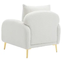 Poltroncina da Salotto in Velluto Teddy Moderna e Semplice con Cuscino, Struttura in Legno Massiccio e Gambe in Metallo Dorato, 75,5x75x81 cm, Bianco(m-9)