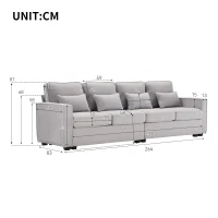 Divano Moderno a 4 Posti in Tessuto di Lino con Tasche sui Braccioli e 4 Cuscini Lombari, Adatto per Soggiorno e Ufficio, 264x83x87 cm, Grigio(m-3)