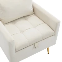 Poltrona Design Minimalista in Velluto con Ottomana Contenitore, Cuscini Decorativi e Braccioli, Gambe in Metallo Dorato, 71x71x76 cm, Beige(m-6)