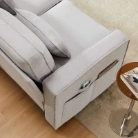 Divano Moderno a 4 Posti in Tessuto di Lino con Tasche sui Braccioli e 4 Cuscini Lombari, Adatto per Soggiorno e Ufficio, 264x83x87 cm, Grigio(m-5)
