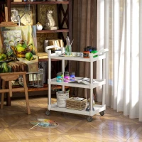 HOMCOM Cărucior de Bucătărie cu 3 Rafturi, Roți Pivotante și Suprafață Antiderapantă, 88x44x93 cm, Alb și Argintiu(m-8)
