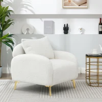 Poltroncina da Salotto in Velluto Teddy Moderna e Semplice con Cuscino, Struttura in Legno Massiccio e Gambe in Metallo Dorato, 75,5x75x81 cm, Bianco(m-4)