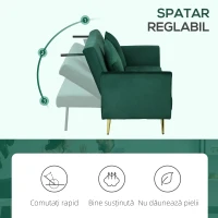 HOMCOM Canapea Extensibilă Clic Clac cu Spătar Reglabil și 2 Perne, din Material cu Efect Catifea, 215x83x87 cm, Verde(m-6)