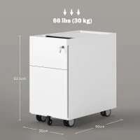 HOMCOM Dulap pentru Birou cu 2 Sertare, Deschidere Tip Plic și Bară pentru Atârnare, 30x50x53,5 cm, Alb(m-3)