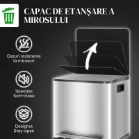 HOMCOM Coș de Gunoi cu 2 Compartimente de 15L cu Pedală, și Capac Silențios din Oțel, 41,8x36,7x44 cm, Argintiu(m-6)