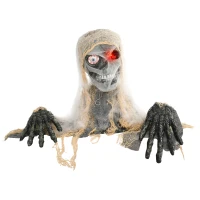 HOMCOM Halloween Decoratie, Eenogige Mummie, Buigzame Armen, Gloeiende Ogen, Griezelig Gehuil, 55x18x35 cm(m-10)