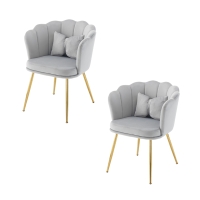 Ensemble de 2 Fauteuils de Bureau en Velours avec Dossier en Pétale, Pieds Métalliques Dorés et Coussins Papillon, 63x58x77 cm, Gris