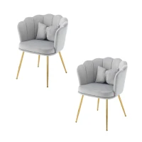 Ensemble de 2 Fauteuils de Bureau en Velours avec Dossier en Pétale, Pieds Métalliques Dorés et Coussins Papillon, 63x58x77 cm, Gris(m-2)