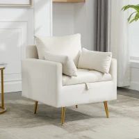 Poltrona Design Minimalista in Velluto con Ottomana Contenitore, Cuscini Decorativi e Braccioli, Gambe in Metallo Dorato, 71x71x76 cm, Beige(m-1)