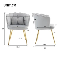 Ensemble de 2 Fauteuils de Bureau en Velours avec Dossier en Pétale, Pieds Métalliques Dorés et Coussins Papillon, 63x58x77 cm, Gris(m-3)