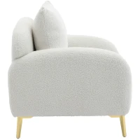 Poltroncina da Salotto in Velluto Teddy Moderna e Semplice con Cuscino, Struttura in Legno Massiccio e Gambe in Metallo Dorato, 75,5x75x81 cm, Bianco(m-11)