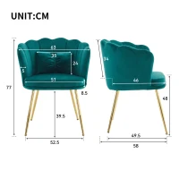 Ensemble de 2 Chaises de Bureau en Velours avec Dossier en Pétale, Pieds Métalliques Dorés et Coussins Papillon, 63x58x77 cm, Vert(m-3)