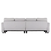 Divano Moderno a 4 Posti in Tessuto di Lino con Tasche sui Braccioli e 4 Cuscini Lombari, Adatto per Soggiorno e Ufficio, 264x83x87 cm, Grigio(m-11)