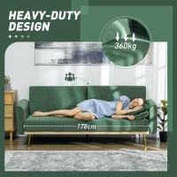 HOMCOM Canapea Extensibilă cu 3 Locuri, 2 Perne, Picioare Pliabile și Spătar Reglabil, 206x81x83 cm, Verde(m-4)