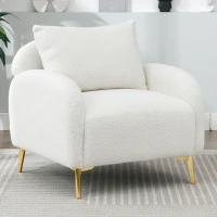 Poltroncina da Salotto in Velluto Teddy Moderna e Semplice con Cuscino, Struttura in Legno Massiccio e Gambe in Metallo Dorato, 75,5x75x81 cm, Bianco(m-1)