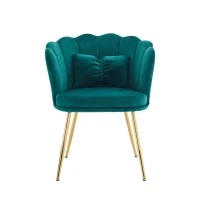 Fauteuil Design Moderne en Velours pour Salon avec Dossier en Pétale et Pieds Métalliques Dorés, Coussin Papillon, 63x58x77 cm, Vert(m-2)