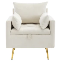 Poltrona Design Minimalista in Velluto con Ottomana Contenitore, Cuscini Decorativi e Braccioli, Gambe in Metallo Dorato, 71x71x76 cm, Beige(m-2)