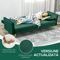 HOMCOM Canapea Extensibilă Clic Clac cu Spătar Reglabil și 2 Perne, din Material cu Efect Catifea, 215x83x87 cm, Verde(m-5)