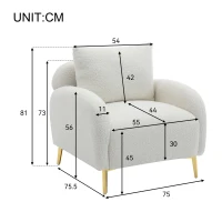 Fauteuil Lounge en Velours Teddy Moderne et Simple avec Coussin, Structure en Bois Massif et Pieds en Métal Doré, 75,5x75x81 cm, Blanc(m-3)