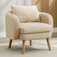 Poltrona Relax Moderna in Velluto Teddy con Cuscino, Seduta Extra Spessa, Struttura in Legno Massello, 71x72x71cm - Poltroncina da Salotto, Beige(m-1)