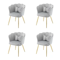 Set di 4 Sedie Imbottite in Velluto per Sala da Pranzo e Soggiorno con Schienale a Petalo, Gambe Metalliche Dorate e Cuscini a Farfalla, Grigio(m-2)