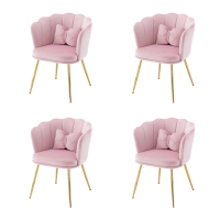 Ensemble de 4 chaises de salle à manger rembourrées en velours avec dossier en forme de pétale, pieds métalliques dorés et coussins papillon, Rose