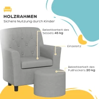 AIYAPLAY Kinderstoel met Poef, Rugleuning in Diamantpatroon, Zachte Zitplaats, Houten Frame, Grijs(m-5)
