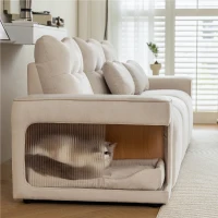 Divano Letto per Piccoli Animali Domestici a 3 Posti in Velluto Antigraffio con Nidi per Gatti Integrati e Cuscini, 228x73x79,5 cm, Beige(m-7)