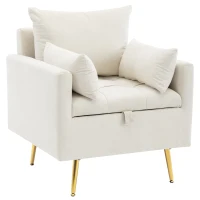 Poltrona Design Minimalista in Velluto con Ottomana Contenitore, Cuscini Decorativi e Braccioli, Gambe in Metallo Dorato, 71x71x76 cm, Beige(m-12)