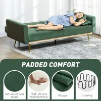 HOMCOM Canapea Extensibilă cu 3 Locuri, 2 Perne, Picioare Pliabile și Spătar Reglabil, 206x81x83 cm, Verde(m-6)