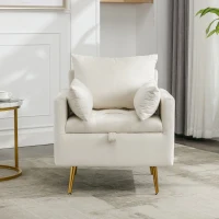 Poltrona Design Minimalista in Velluto con Ottomana Contenitore, Cuscini Decorativi e Braccioli, Gambe in Metallo Dorato, 71x71x76 cm, Beige(m-5)