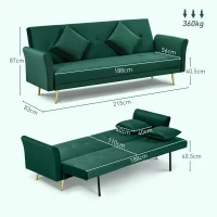 HOMCOM Canapea Extensibilă Clic Clac cu Spătar Reglabil și 2 Perne, din Material cu Efect Catifea, 215x83x87 cm, Verde(m-3)