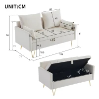 Divano Moderno in Velluto a 2 Posti con Contenitore e Cuscini, Gambe in Metallo Dorato, Ideale per Soggiorno e Ufficio, 135x71x71 cm, Beige(m-3)