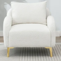 Poltroncina da Salotto in Velluto Teddy Moderna e Semplice con Cuscino, Struttura in Legno Massiccio e Gambe in Metallo Dorato, 75,5x75x81 cm, Bianco(m-5)